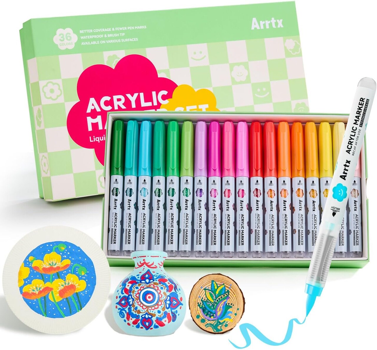 36 Colors Acrylic Paint Pens – Brush Tip Acrylic Markers, Waterproof & Quick-Drying, Perfect for Rock Painting, Glass, Wood, Egg, DIY Crafts & Art Projects